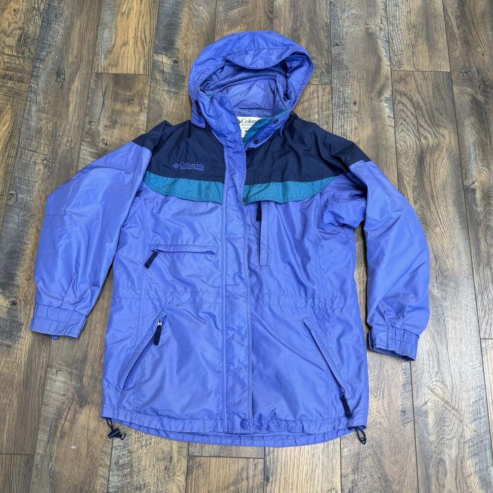 Vintage 90s Columbia Jacket Womens Small Purple Teal Colorblock Hooded Retro